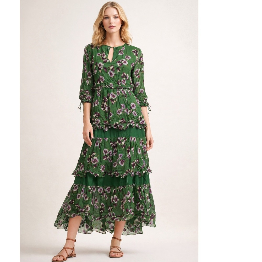 Massimo Dutti Floral Maxi Dress Womens Size 10 Green Cottagecore Boho Tiered